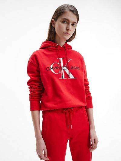 Calvin Klein Ruhák HU402101 | Calvin Klein Organic Cotton Cropped Logo Női Kapucnis Pulóver Piros